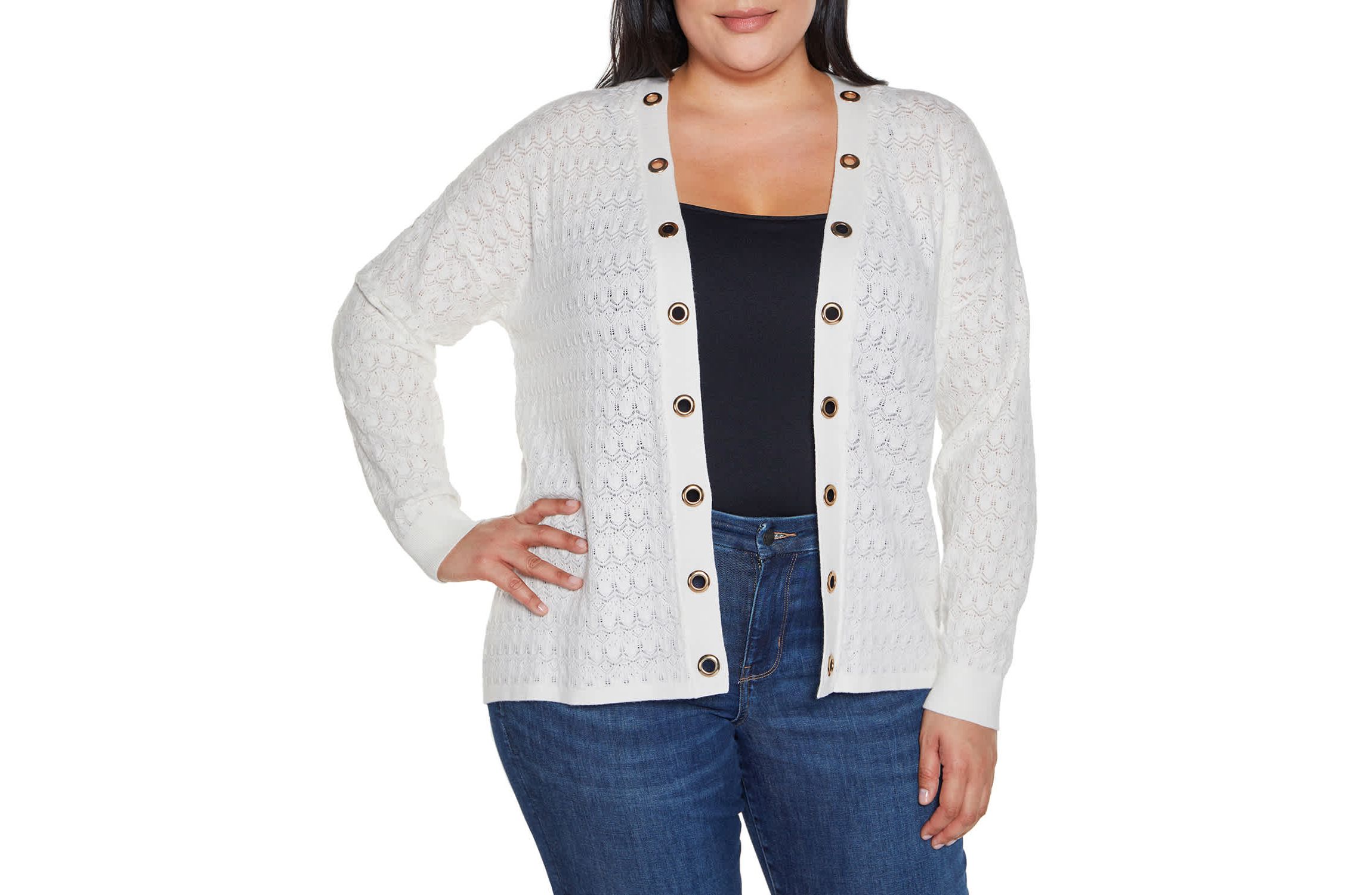 Pointelle and Grommet Open Cardigan Sweater