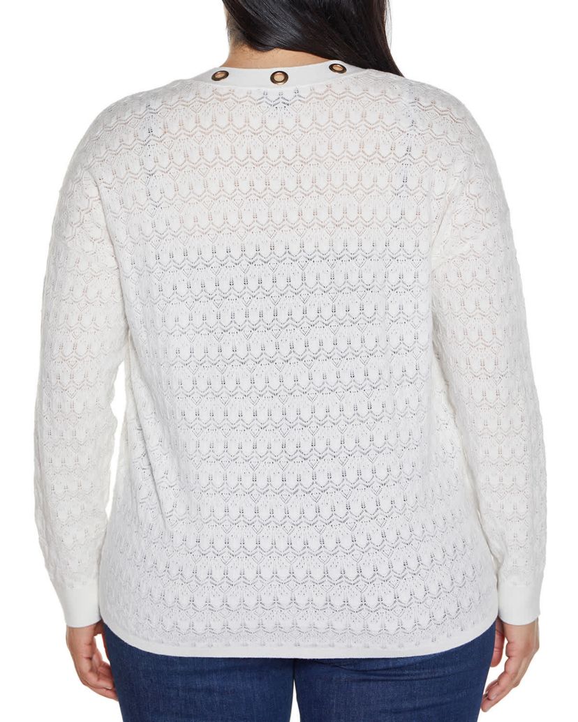 Pointelle and Grommet Open Cardigan Sweater