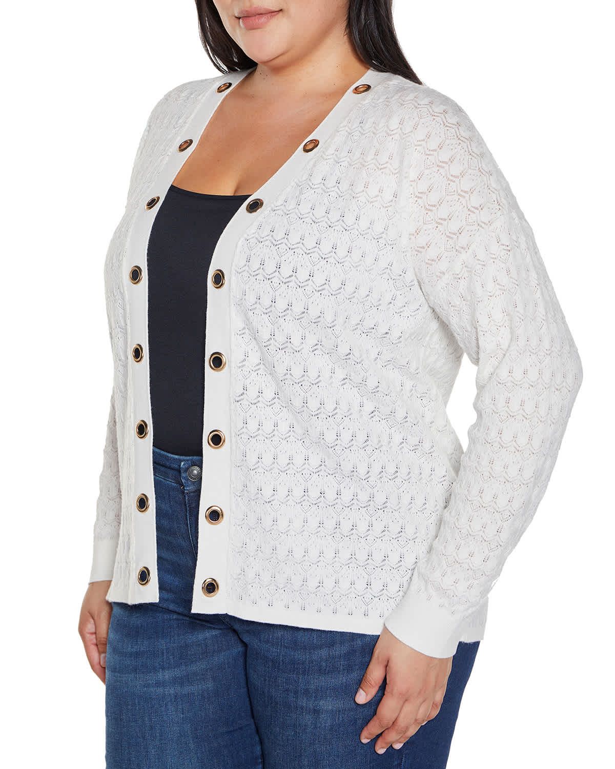 Pointelle and Grommet Open Cardigan Sweater