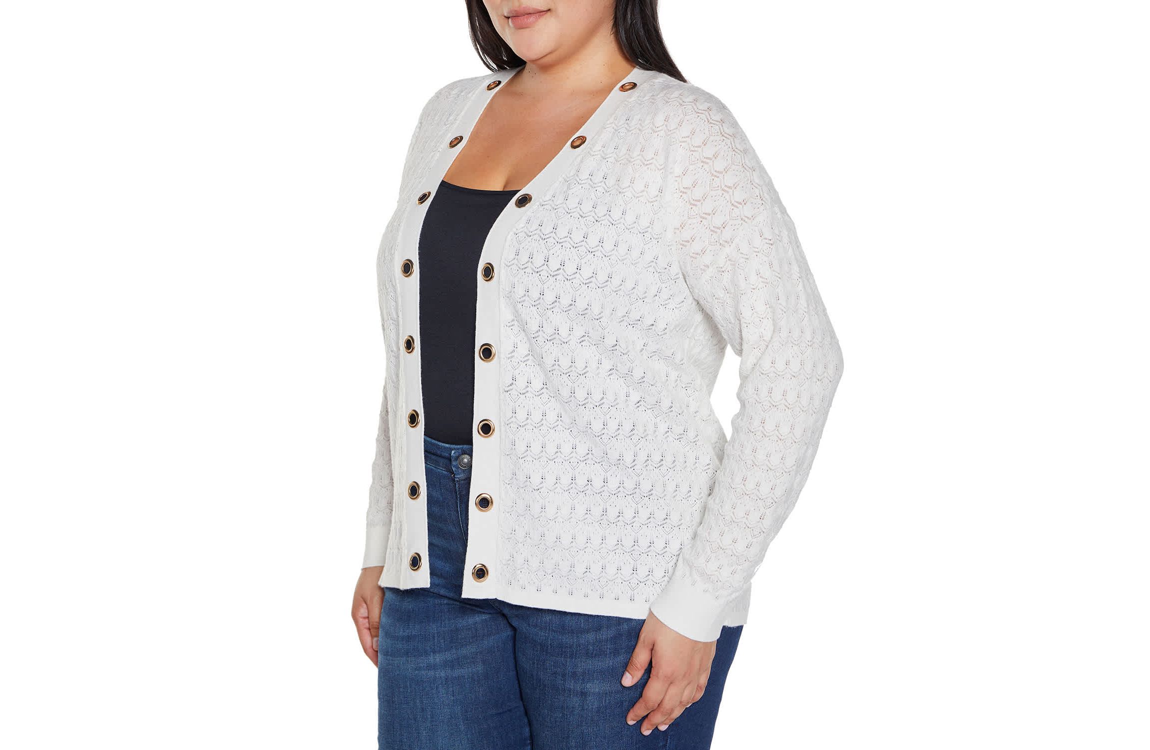 Pointelle and Grommet Open Cardigan Sweater