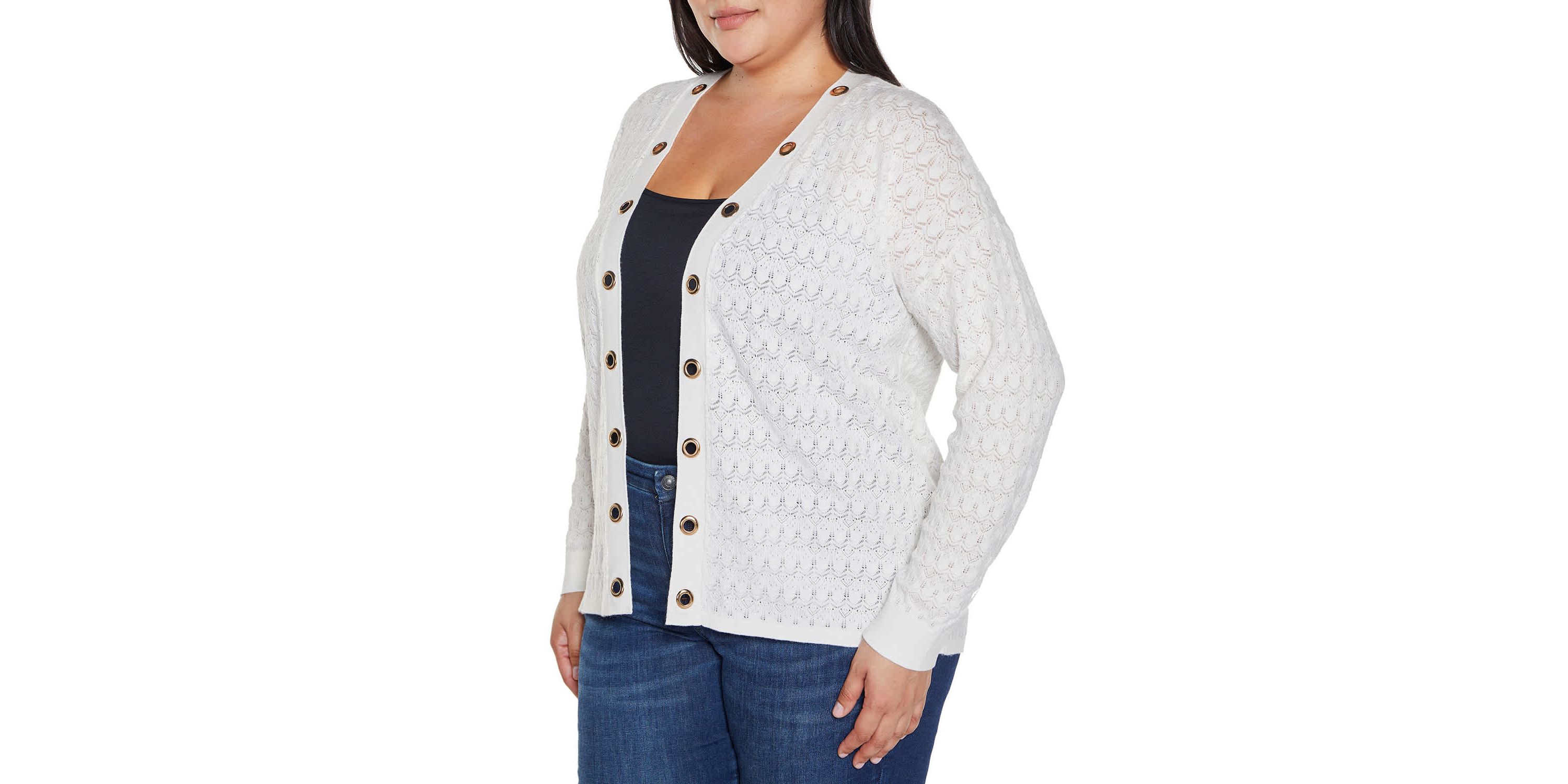 Pointelle and Grommet Open Cardigan Sweater