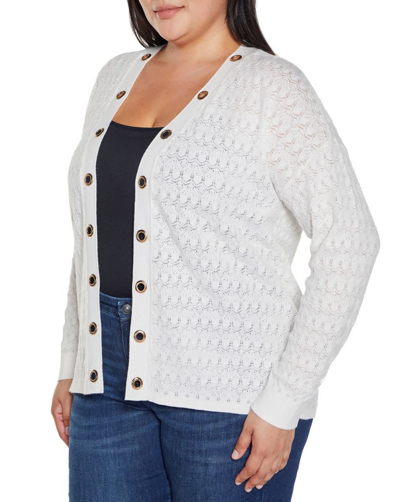 Pointelle and Grommet Open Cardigan Sweater