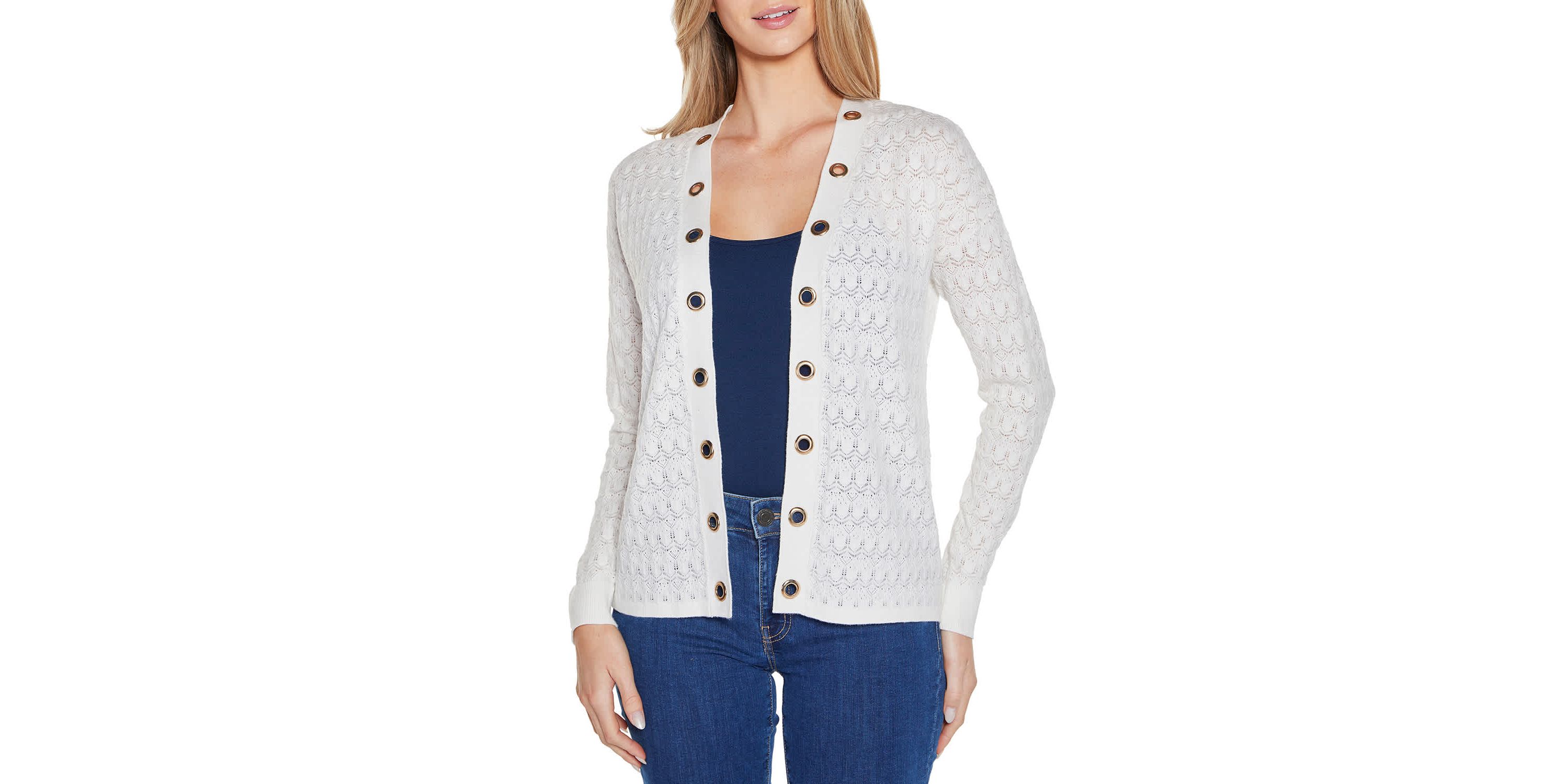 Pointelle and Grommet Open Cardigan Sweater