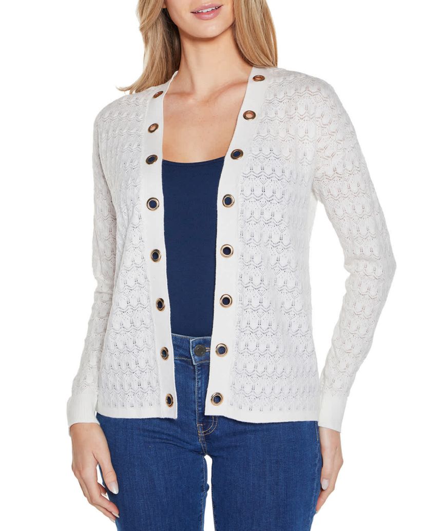 Pointelle and Grommet Open Cardigan Sweater