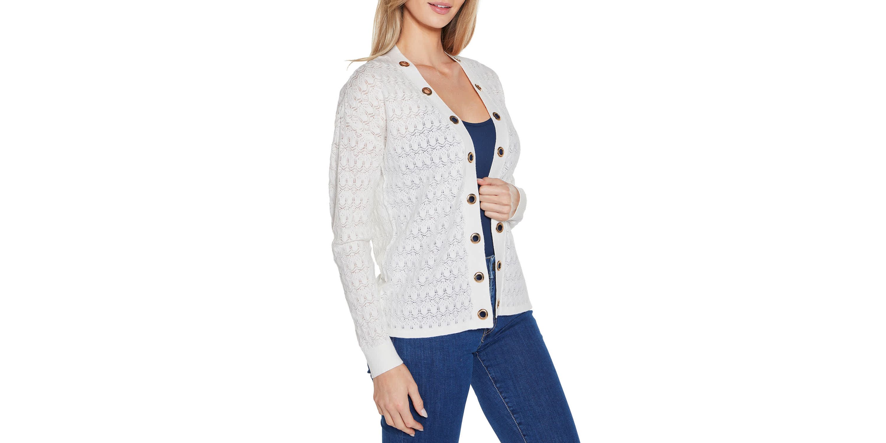 Pointelle and Grommet Open Cardigan Sweater