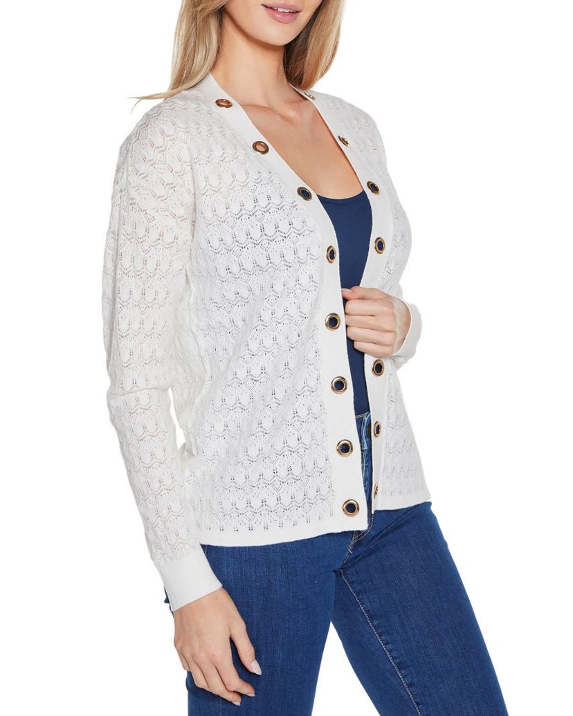 Pointelle and Grommet Open Cardigan Sweater