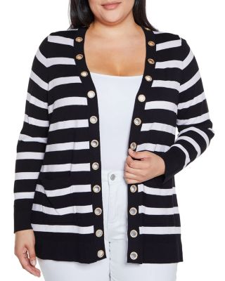Belldini Black Label Women's Rhinestone Grommet Striped Open-Front Cardigan Sweater, 3X
