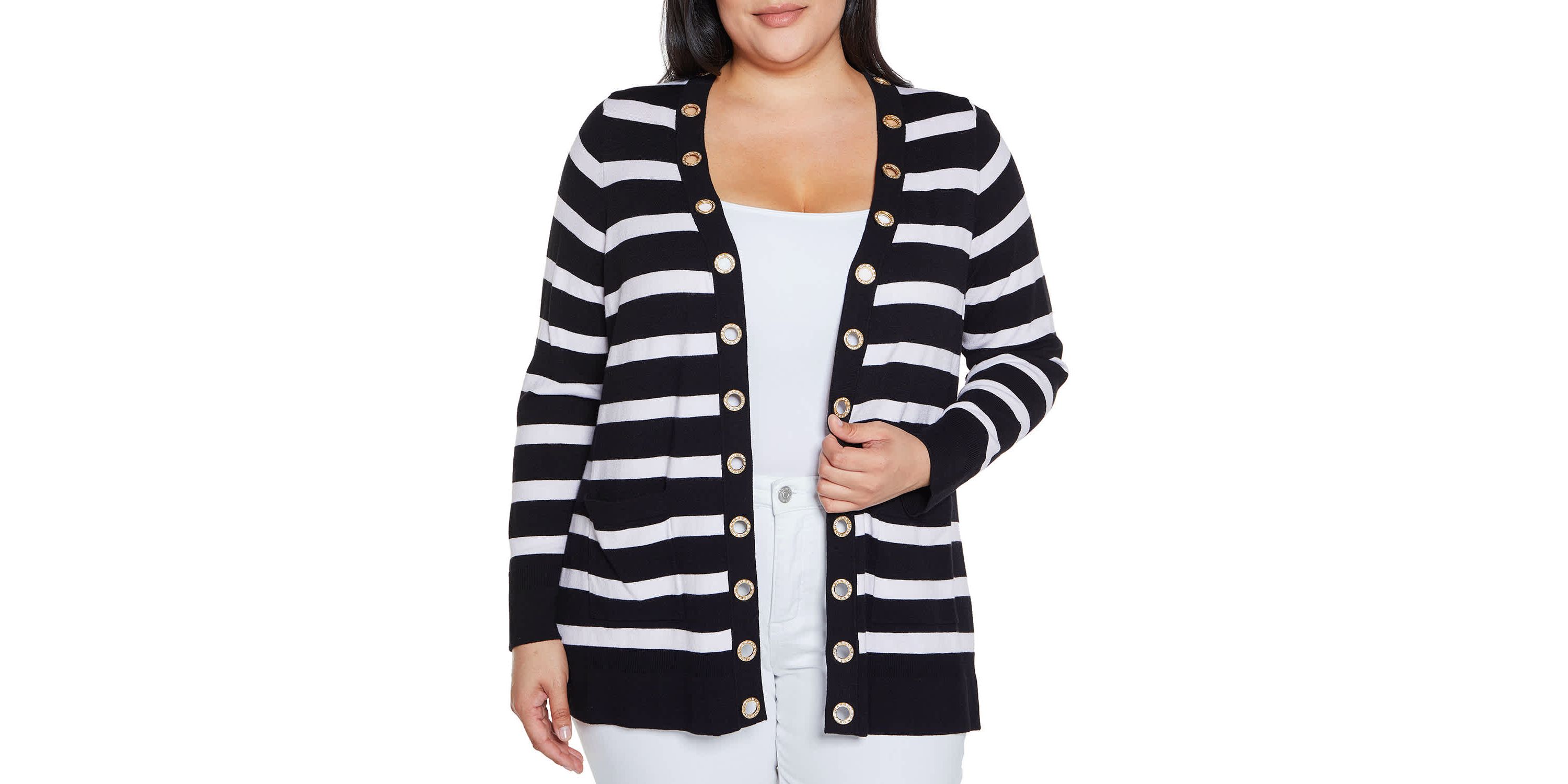 Rhinestone Grommet Striped Open-Front Cardigan Sweater