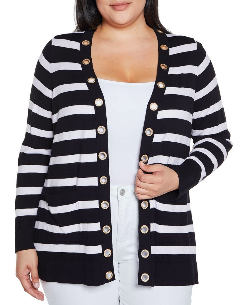 Rhinestone Grommet Striped Open-Front Cardigan Sweater