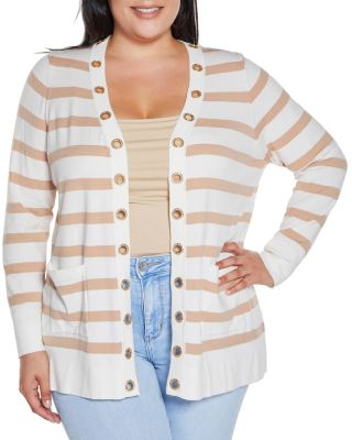 Belldini Black Label Women's Rhinestone Grommet Striped Open-Front Cardigan Sweater, Ivory, 3X