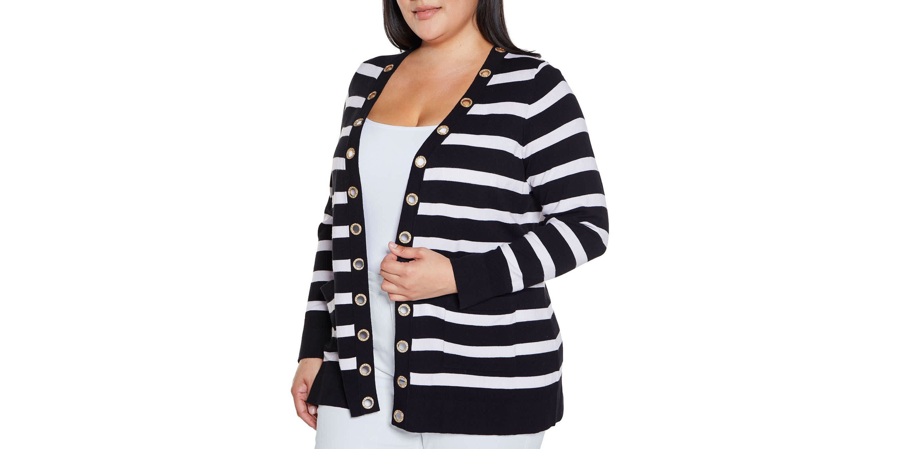 Rhinestone Grommet Striped Open-Front Cardigan Sweater