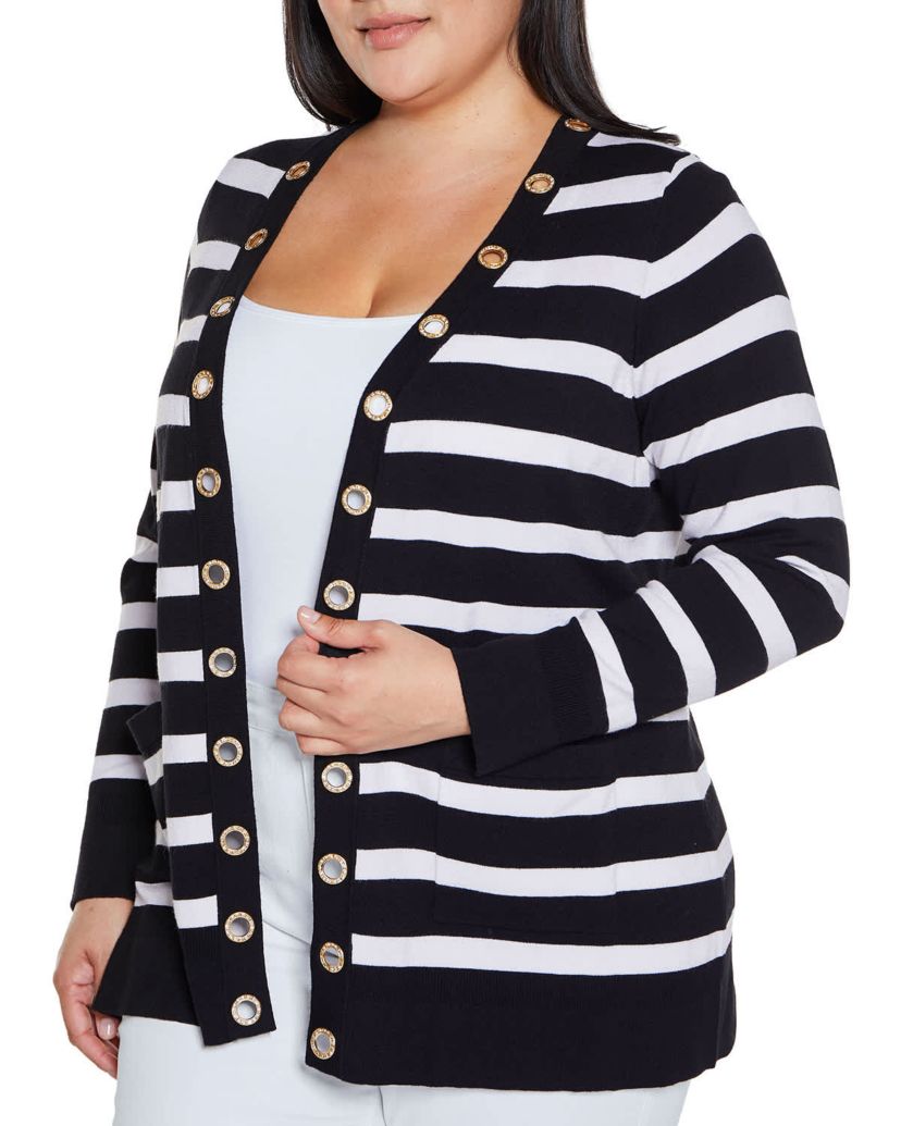 Rhinestone Grommet Striped Open-Front Cardigan Sweater