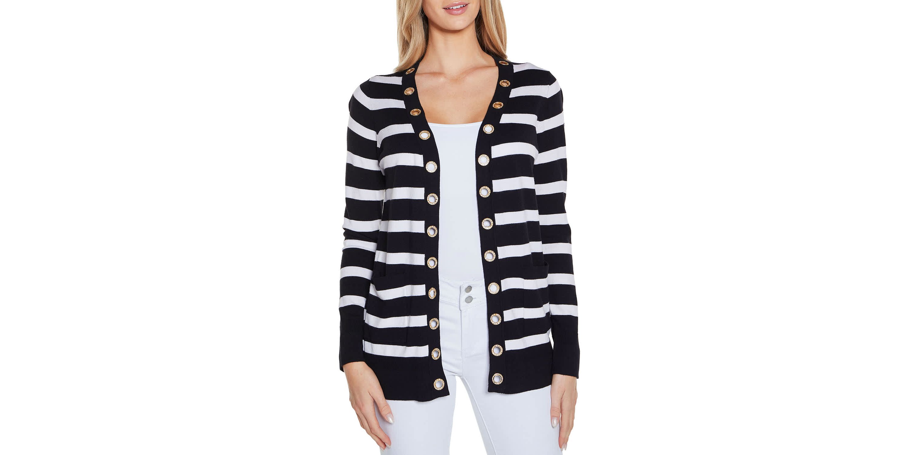 Rhinestone Grommet Striped Open-Front Cardigan Sweater