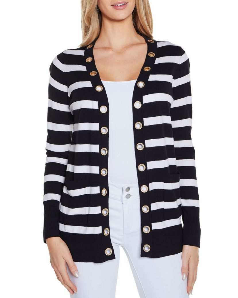Rhinestone Grommet Striped Open-Front Cardigan Sweater