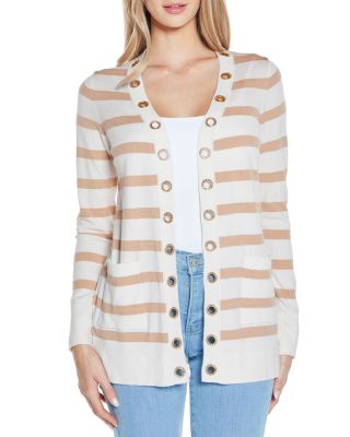 Belldini Black Label Women's Rhinestone Grommet Striped Open-Front Cardigan Sweater, Ivory, Small