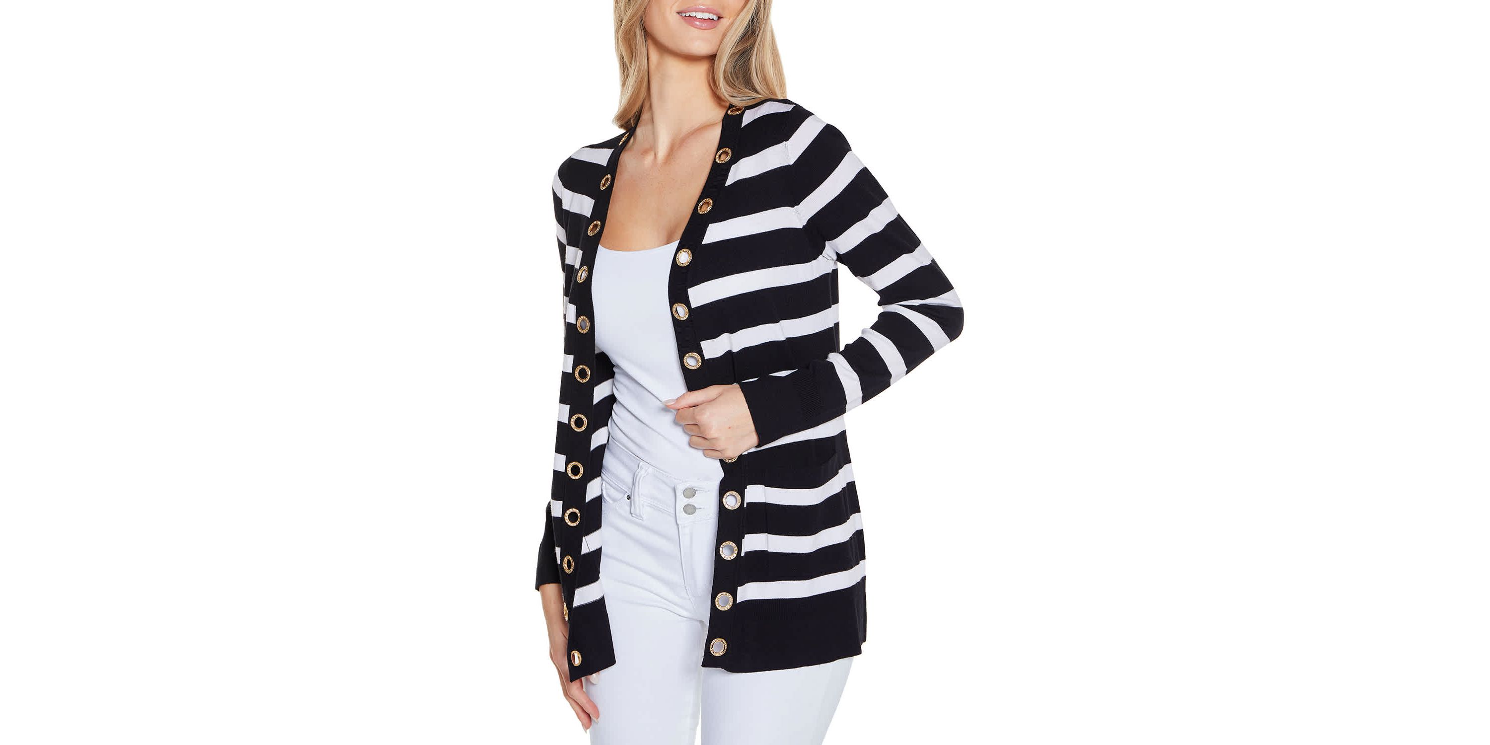 Rhinestone Grommet Striped Open-Front Cardigan Sweater