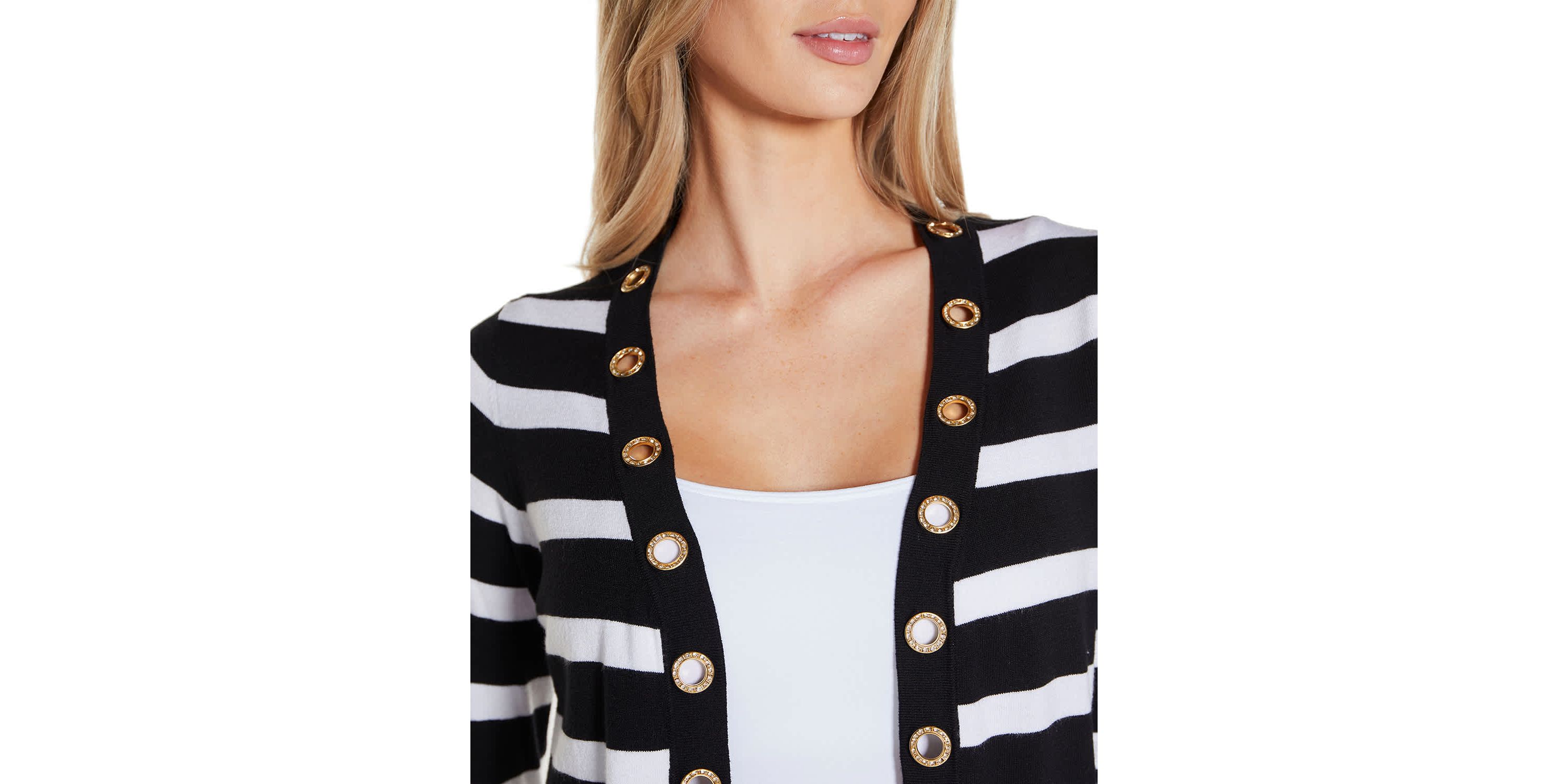 Rhinestone Grommet Striped Open-Front Cardigan Sweater