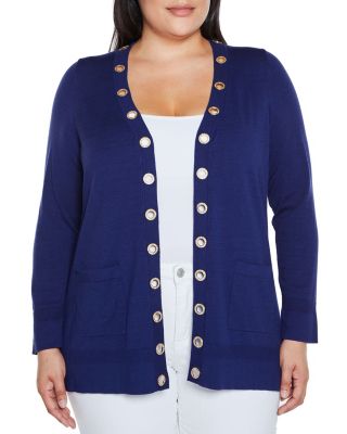 Belldini Black Label Women's Rhinestone Grommet Open-Front Cardigan Sweater, Blue, 3X