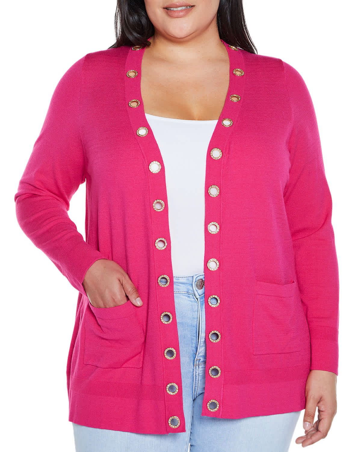 Rhinestone Grommet Open-Front Cardigan Sweater