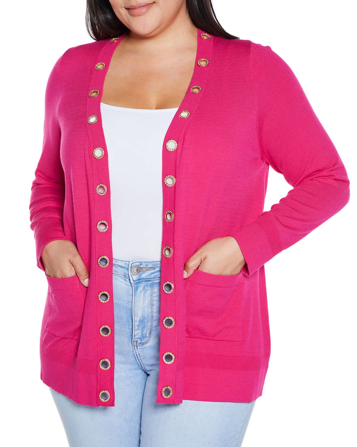 Rhinestone Grommet Open-Front Cardigan Sweater