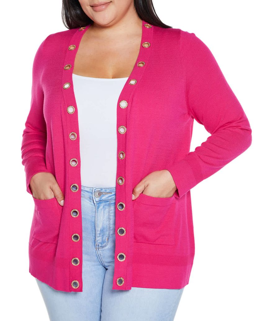 Rhinestone Grommet Open-Front Cardigan Sweater