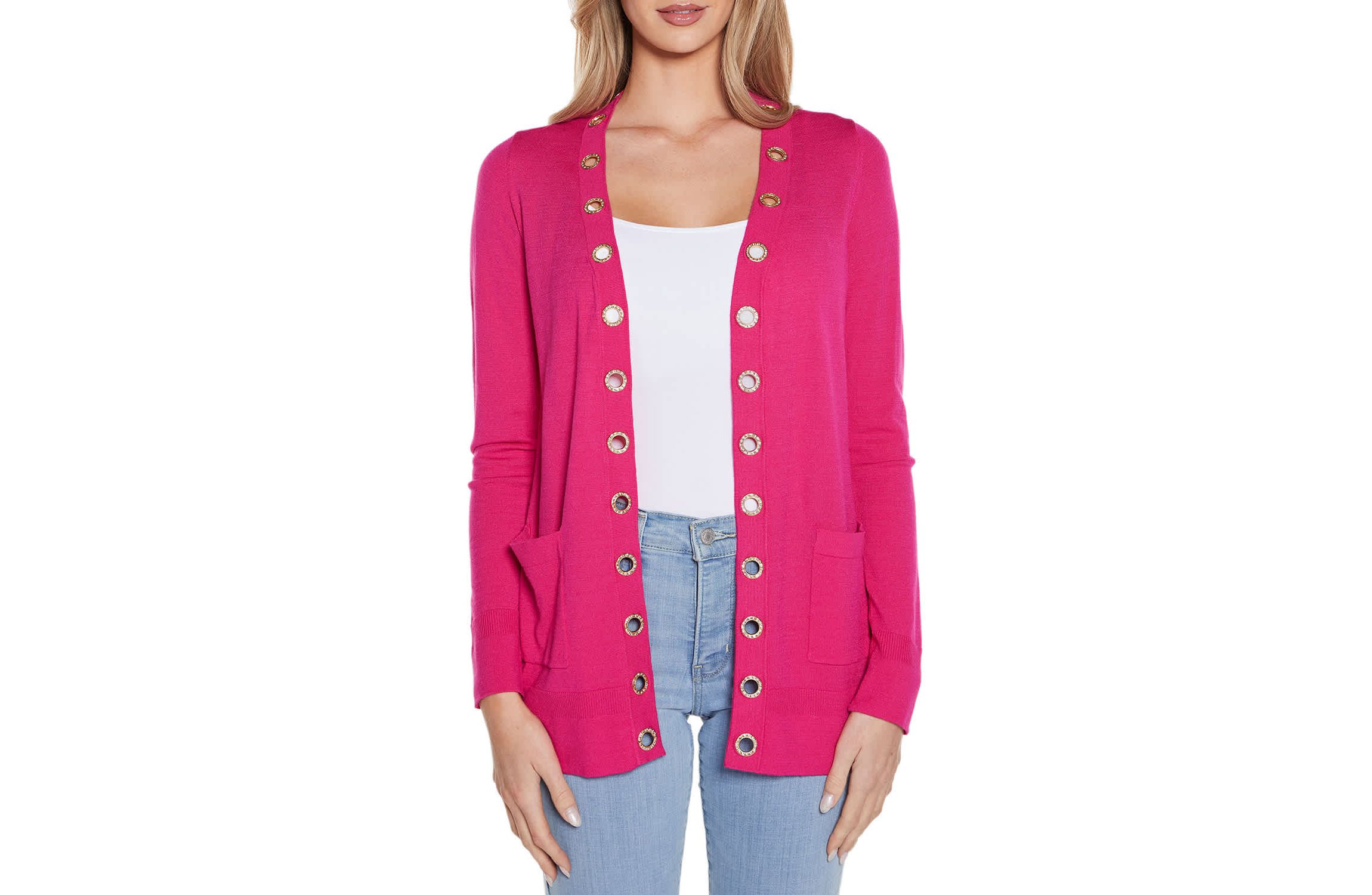 Rhinestone Grommet Open-Front Cardigan Sweater