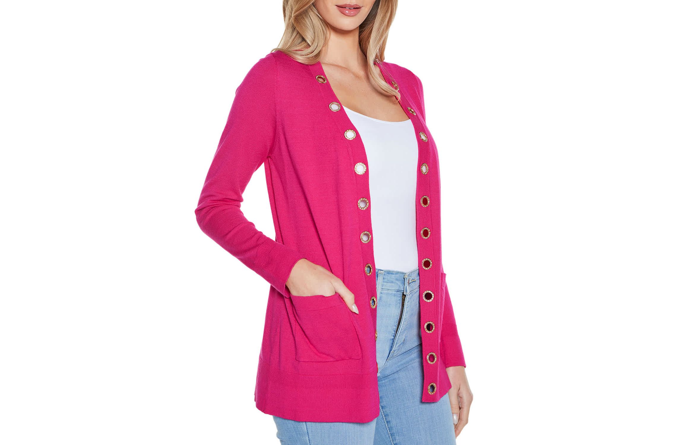 Rhinestone Grommet Open-Front Cardigan Sweater