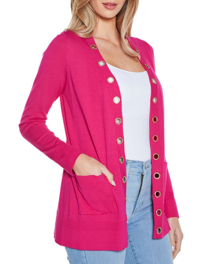 Rhinestone Grommet Open-Front Cardigan Sweater