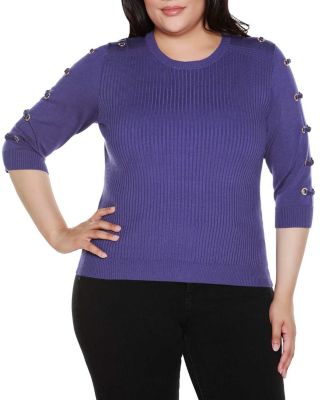 Belldini Black Label Women's Plus Size Grommet-Trim Ribbed Sweater, Blue, 3X