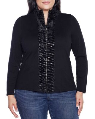 Belldini Black Label Women's Plus Size Faux Fur Trim Rhinestone-Zip Cardigan Sweater, 3X