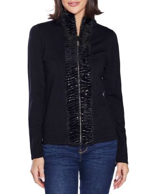 Belldini Black Label Women's Faux Fur Trim Rhinestone-Zip Cardigan Sweater, Large
