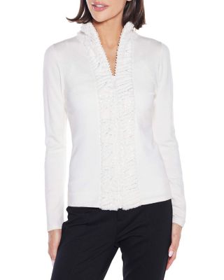 Belldini Black Label Women's Faux Fur Trim Rhinestone-Zip Cardigan Sweater, White, XL