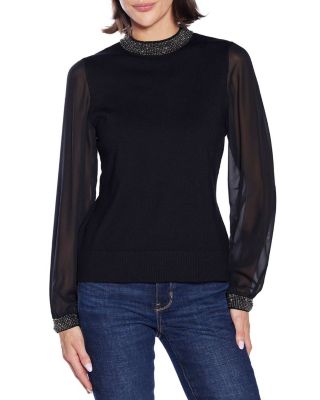 Belldini Black Label Women's Rhinestone-Neckline Chiffon-Sleeve Sweater, Medium