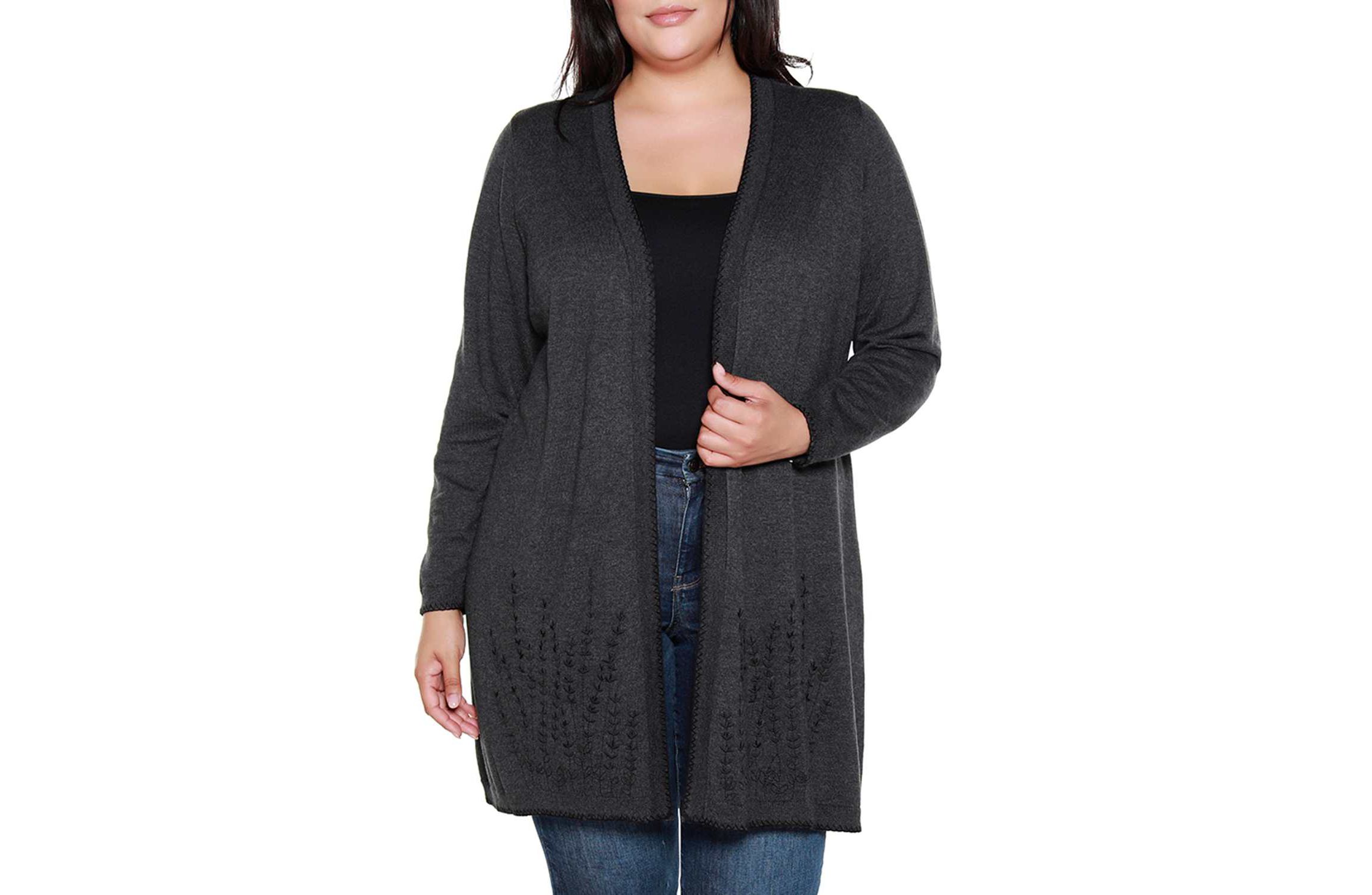 Belldini Black Label Plus Size Embroidered Open-Front Cardigan
