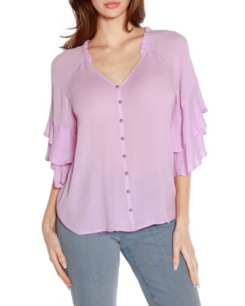 Ruffle Sleeve Button-Front Top
