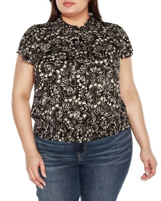 Belldini Black Label Women's Plus Size Embellished Printed Cap-Sleeve Blouse, 3X