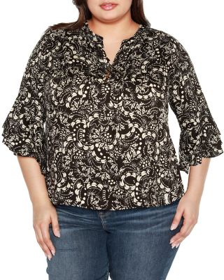 Belldini Black Label Women's Plus Size Printed Ruffle Sleeve Top