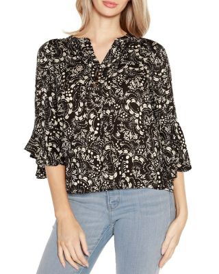 Belldini Black Label Women's Printed Ruffle Sleeve Top