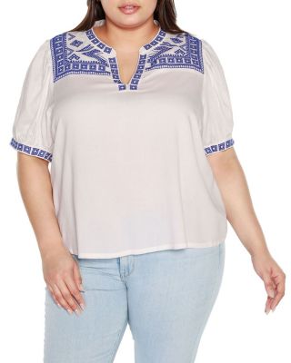 Belldini Black Label Women's Plus Size Embroidered Boho Short Sleeve Top, 3X