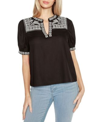 Belldini Black Label Women's Embroidered Boho Short Sleeve Top, XL