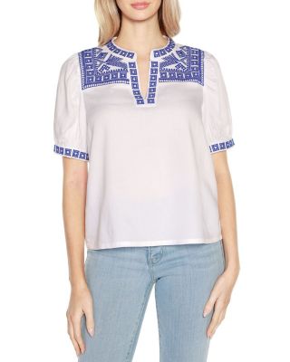 Belldini Black Label Women's Embroidered Boho Short Sleeve Top, White, XL