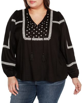 Belldini Black Label Women's Plus Size Embroidered Blouson Tie Neck Top, 3X