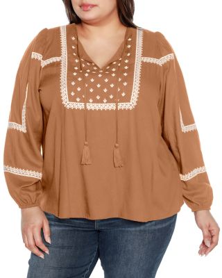 Belldini Black Label Women's Plus Size Embroidered Blouson Tie Neck Top, 3X