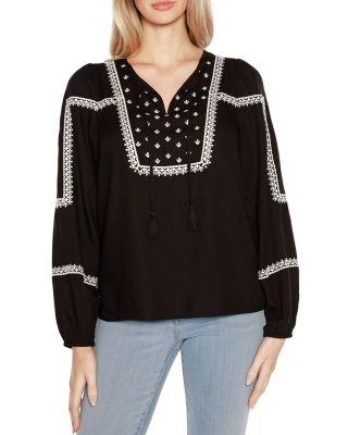 Belldini Black Label Women's Embroidered Blouson Tie Neck Top, XL