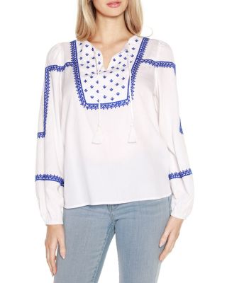 Belldini Black Label Women's Embroidered Blouson Tie Neck Top, White, XL