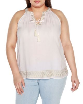 Belldini Black Label Women's Plus Size Lurex Embroidered Keyhole Tank Top, White, 3X