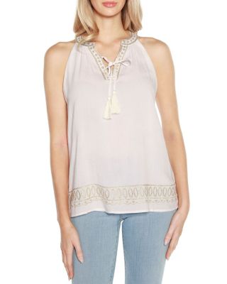 Belldini Black Label Women's Lurex Embroidered Keyhole Tank Top, White, XL