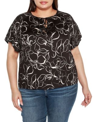 Belldini Black Label Women's Plus Size Embellished Tie Neck Flutter Sleeve Top, 3X