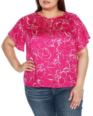 Belldini Black Label Women's Plus Size Embellished Tie Neck Flutter Sleeve Top, Pink, 3X