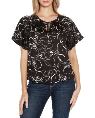 Belldini Black Label Women's Embellished Tie Neck Flutter Sleeve Top, XL